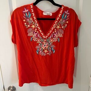 Impressions Bright Red Floral Embroidered Blouse
